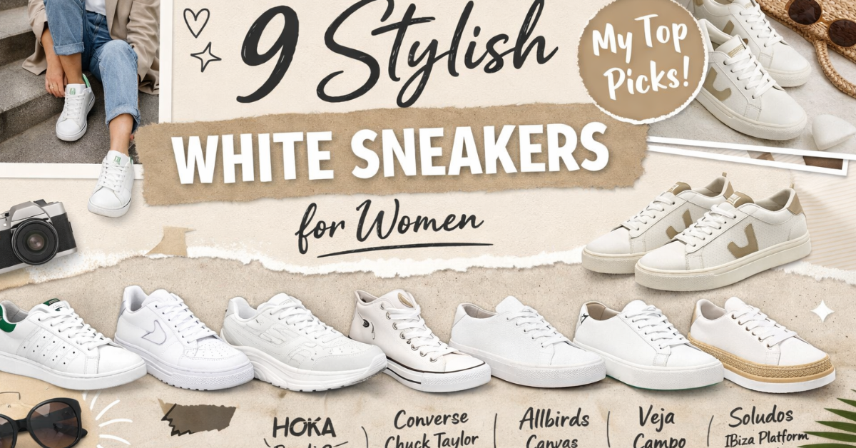 Collage of popular 2026 white sneakers including Veja, Hoka, and Converse for women