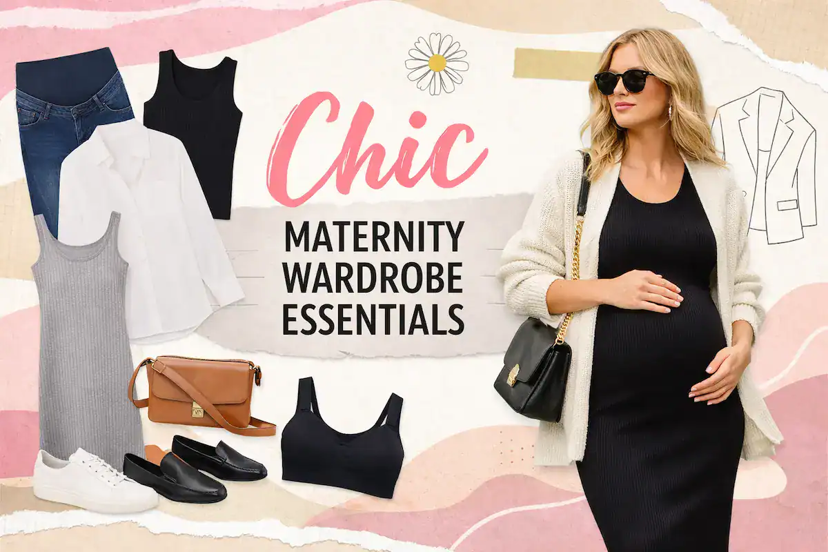 A flat lay collage of chic maternity wardrobe essentials including maternity jeans, a white button-down, ribbed dresses, and comfortable sneakers for a professional pregnancy look.