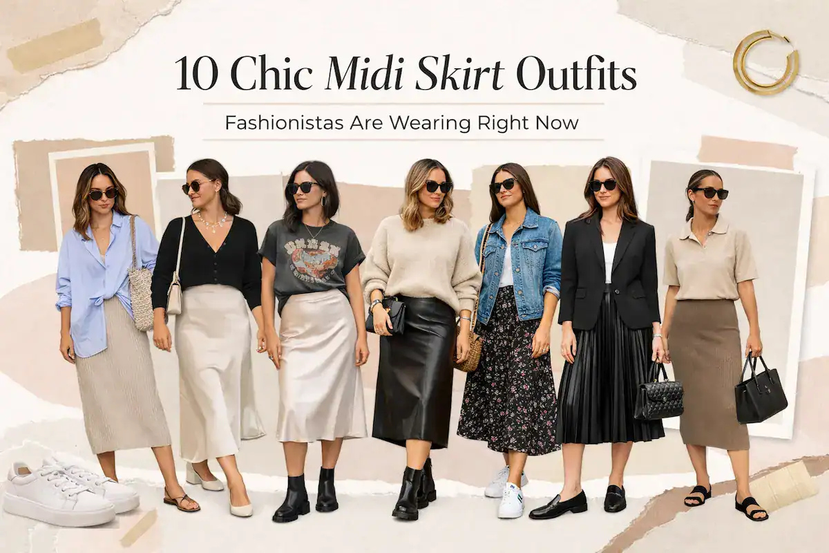 Collage of women wearing various chic midi skirt outfits including pleated, leather, and ribbed styles for a fashion guide.