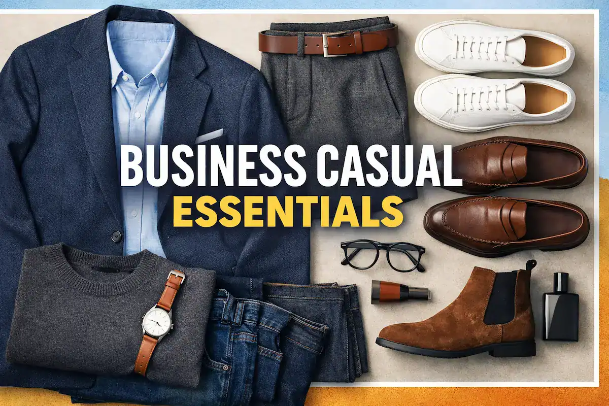 Men’s business casual clothes, shoes, accessories, and grooming essentials arranged neatly for professional style.