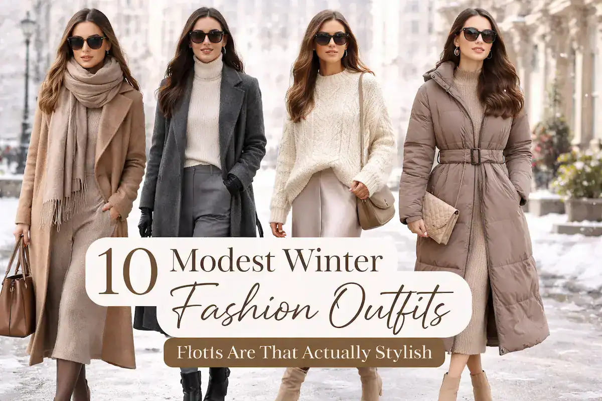Four women showcasing elegant modest winter fashion outfits featuring long wool coats, neutral knit dresses, and belted puffer jackets in a snowy setting.