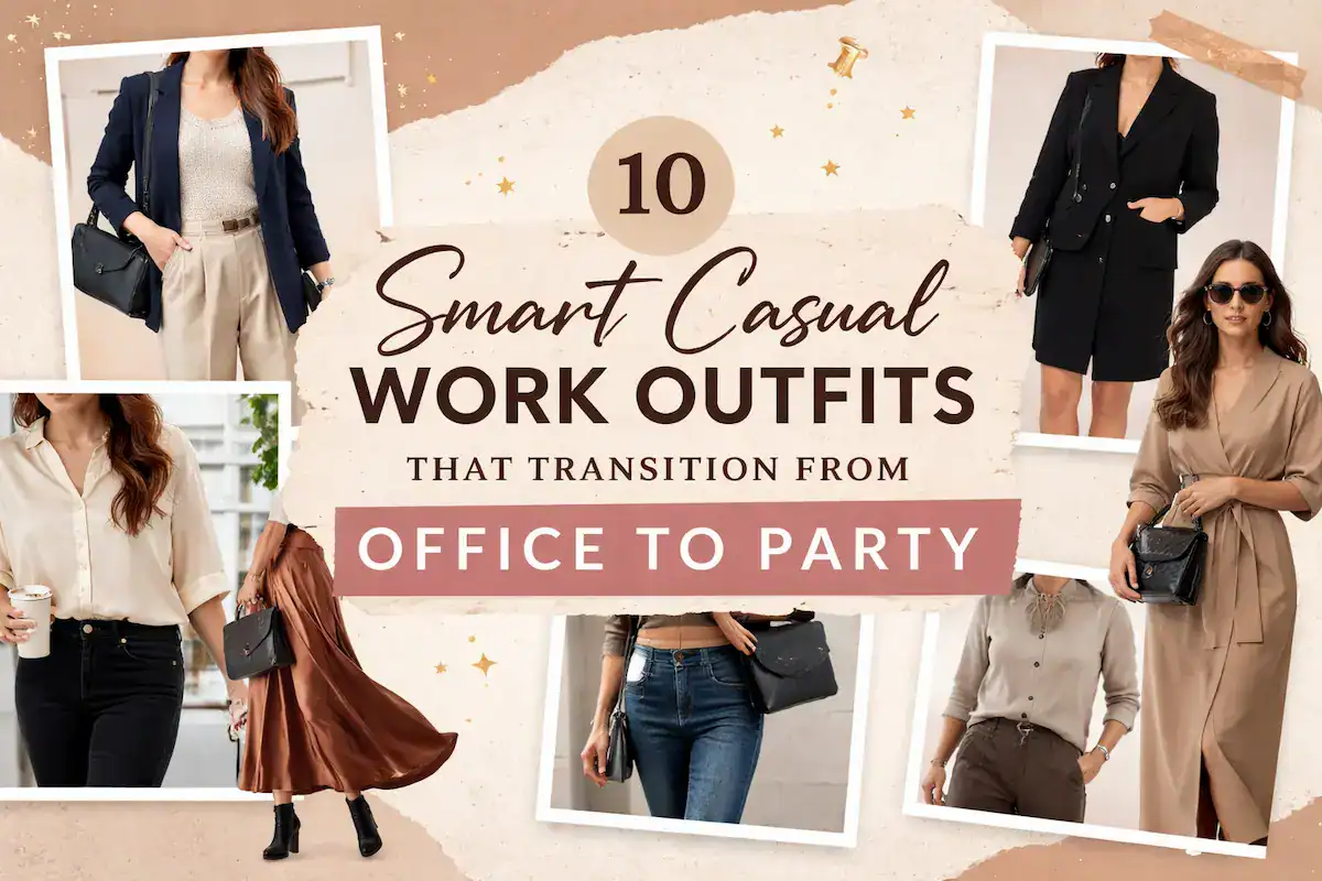Collage of 10 smart casual work outfits including blazers, wide-leg trousers, and midi skirts for office to party transition