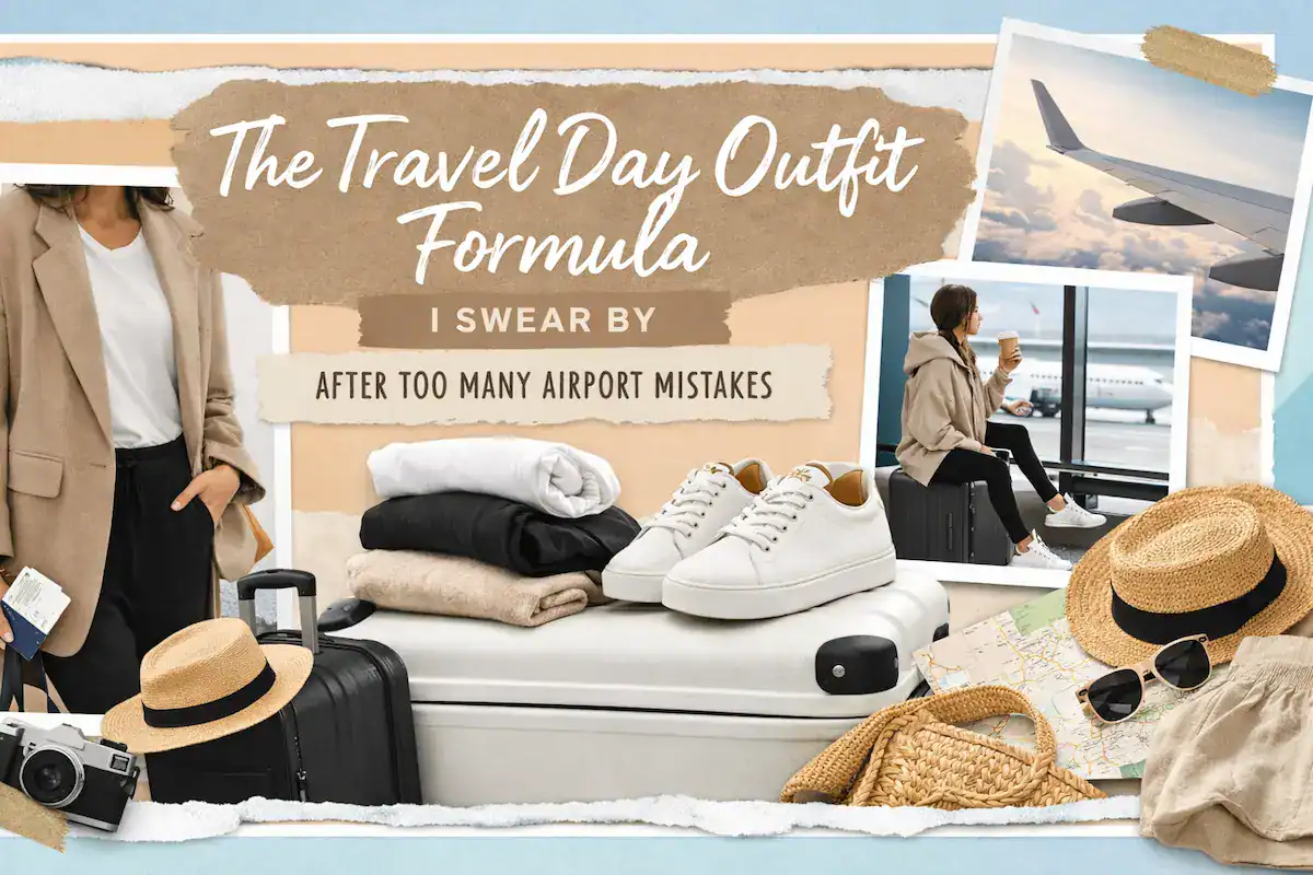 Collage showing comfortable travel outfit ideas, white sneakers on a suitcase, and a woman looking out an airport window.