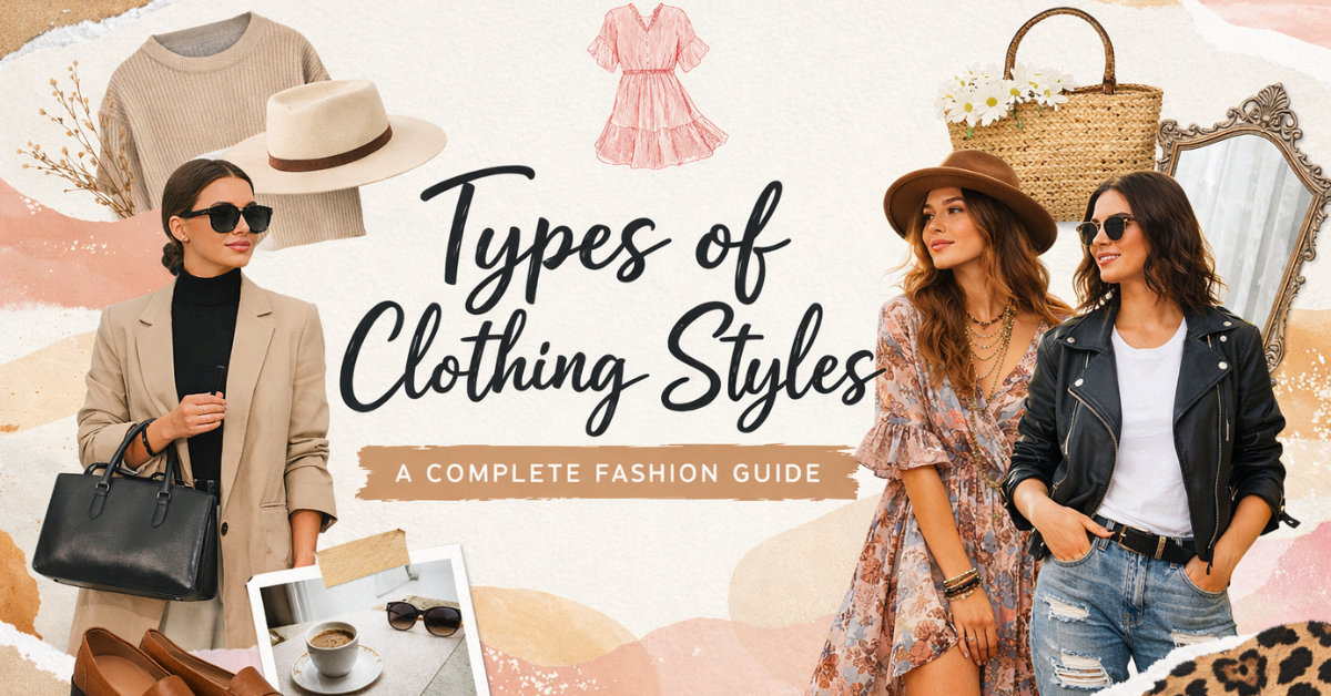 A collage of different women's clothing styles including classic blazer, bohemian floral dress, and edgy leather jacket for a complete fashion guide.