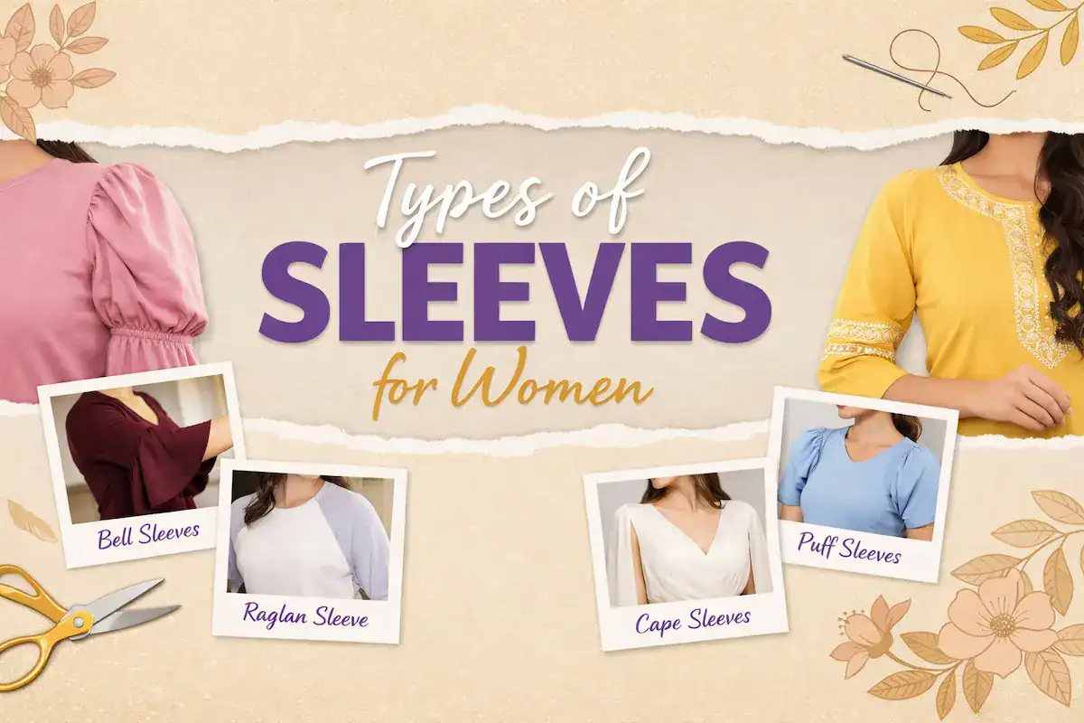 Guide to types of sleeves for women including bell, raglan, cape, and puff sleeves shown on different tops.