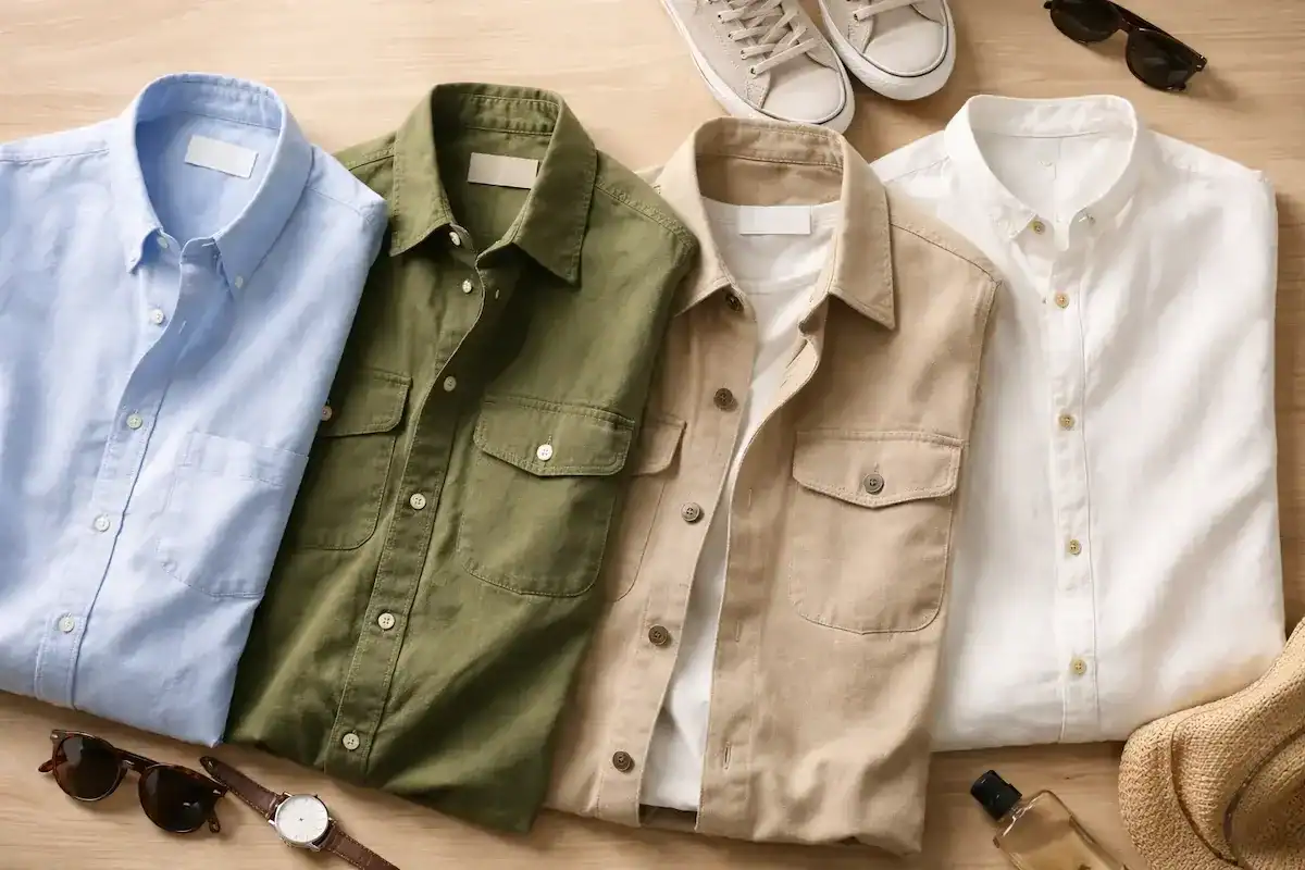 Flat lay of men’s casual button-down shirts including oxford, utility, overshirt, and band collar styles