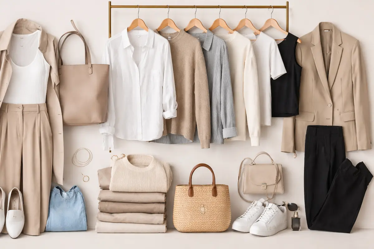 Neutral capsule wardrobe for women featuring timeless essentials like blazers, knitwear, trousers, and versatile accessories.