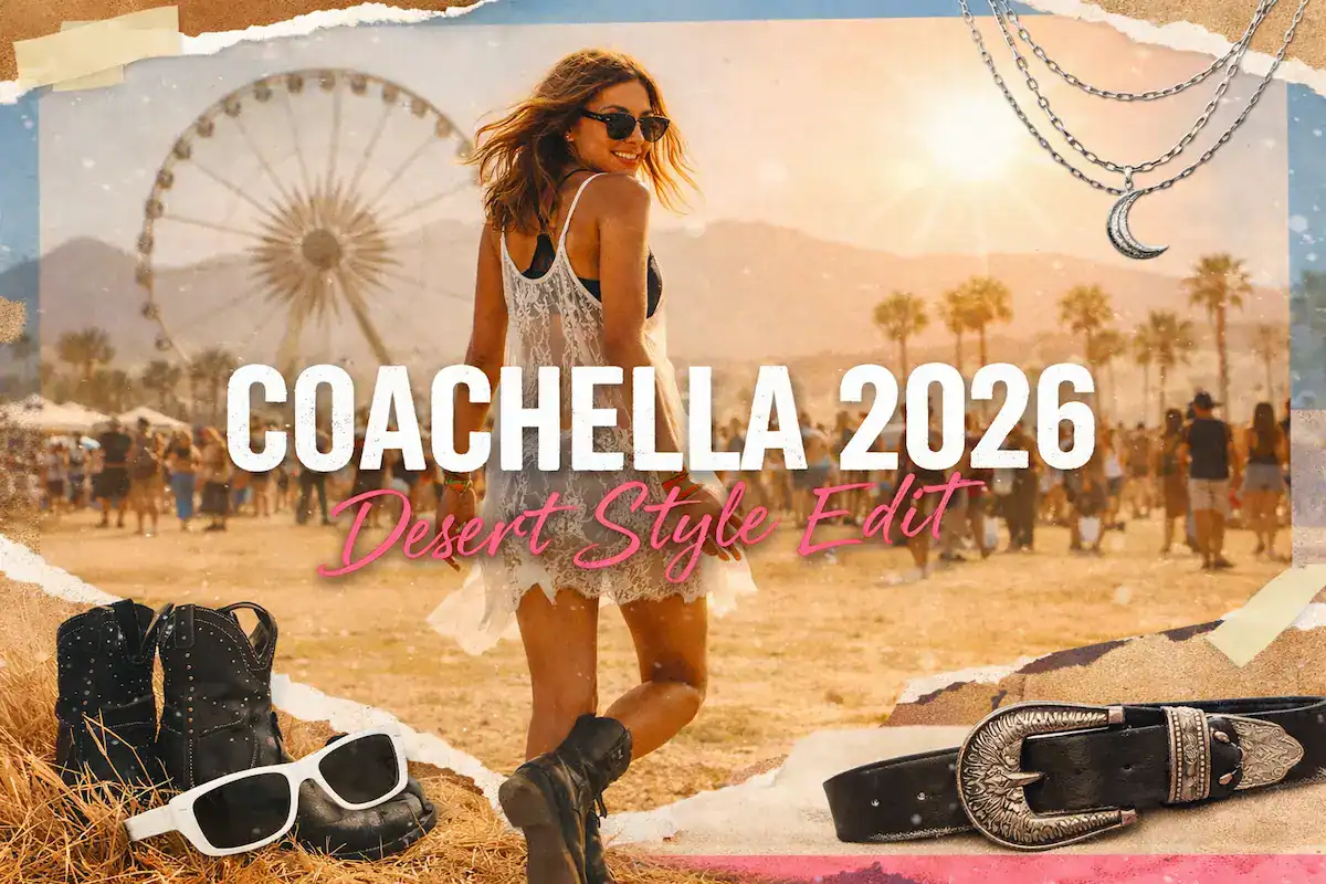 Woman wearing a sheer white lace slip dress and black boots at Coachella 2026 with a Ferris wheel in the background, featuring desert style accessories.
