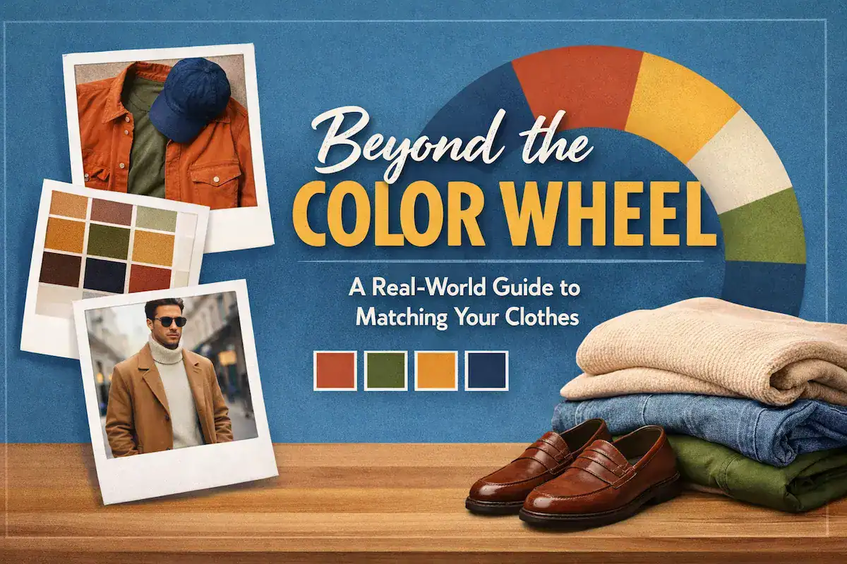A flat lay of men's clothing featuring a rust overshirt, olive chinos, and leather loafers with a color wheel graphic titled Beyond the Color Wheel.