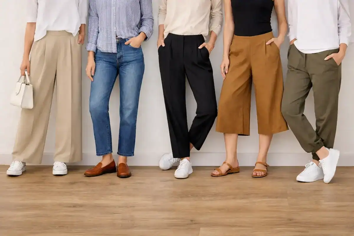 A lineup of women showcasing various flattering pant styles, including wide-leg trousers, straight-leg jeans, and tailored joggers paired with sneakers and loafers.
