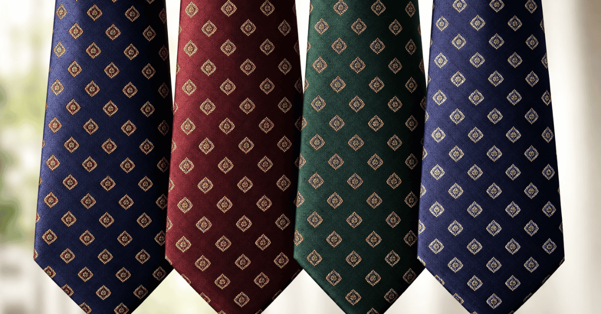 Navy silk geometric foulard tie with small repeating medallion pattern