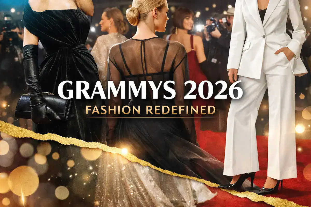 A high-end red carpet scene at the Grammys 2026 featuring a black velvet dress with opera gloves, a sheer structured gown, and a white tailored power suit.