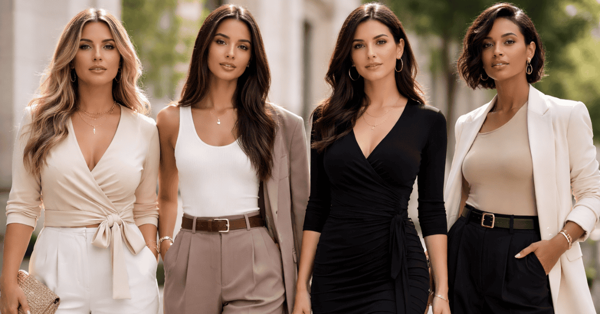 Four women wearing tailored outfits that accentuate the waist across different body types