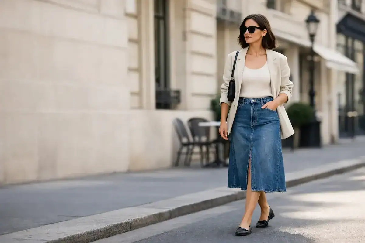 A woman walking on a city street wearing a structured A-line denim midi skirt, a tucked-in cream top, a beige oversized blazer, and black pointed ballet flats.