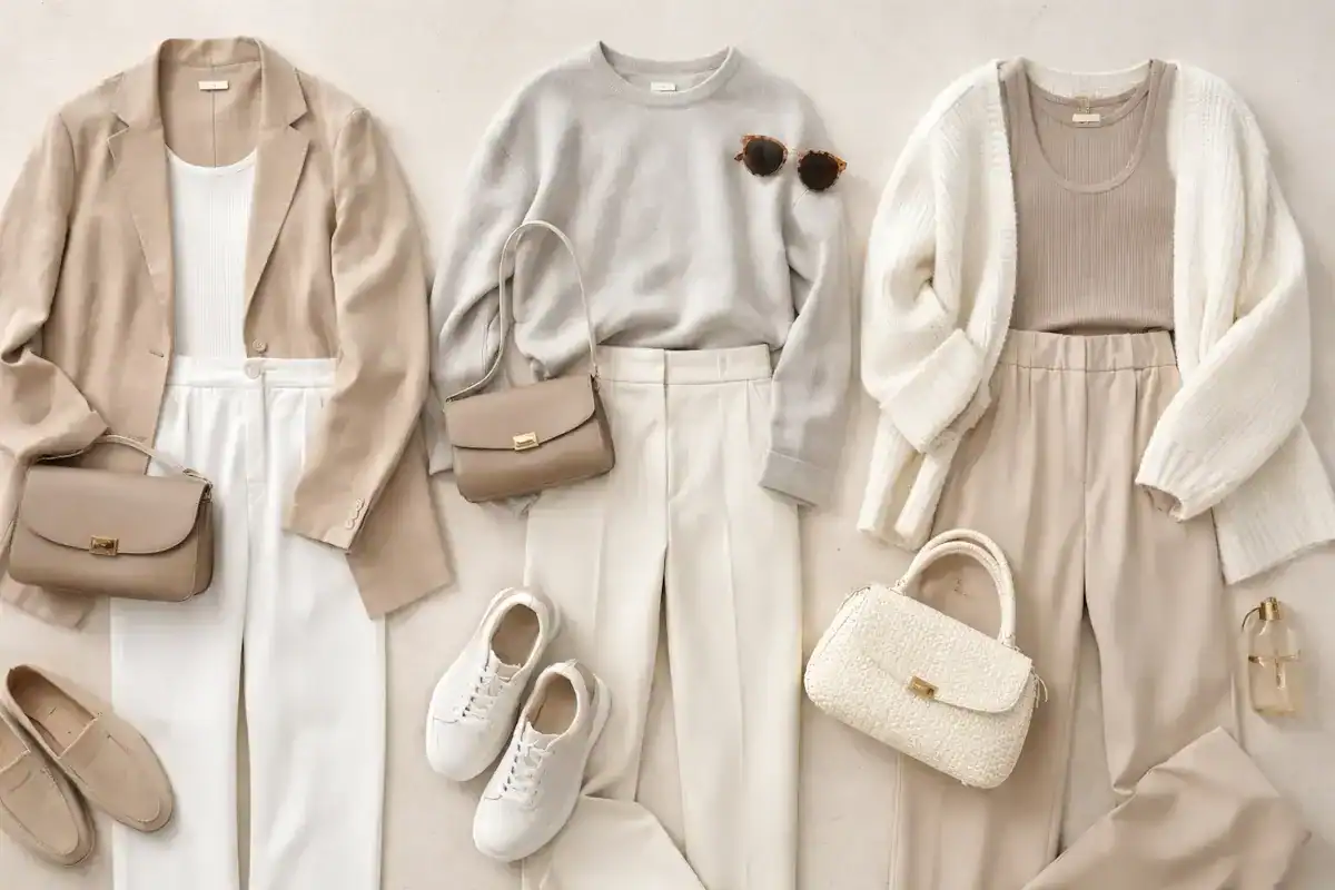 Minimalist neutral clothing outfits in beige, white, and gray styled for a modern wardrobe