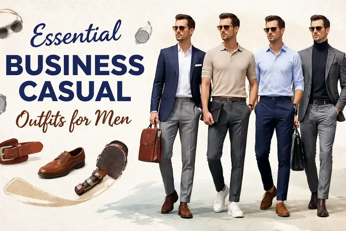 A collage of four men demonstrating essential business casual outfits, including a navy blazer with grey trousers, a knit polo with charcoal chinos, and a grey suit with a black turtleneck