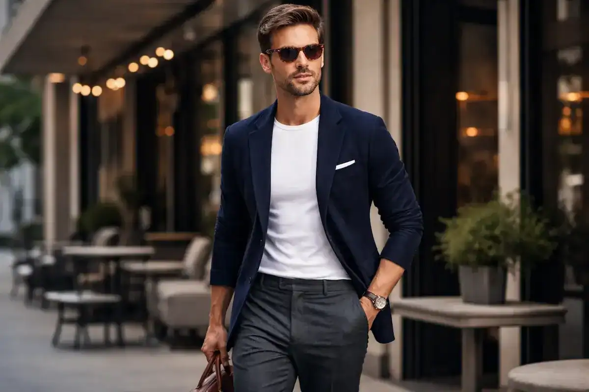 Modern man wearing navy blazer, white t shirt and tailored trousers styled for a smart casual look