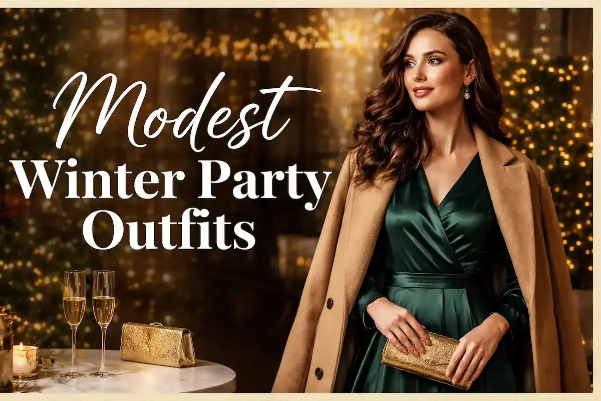 Woman wearing a modest forest green satin midi dress with a camel wool coat for a winter party.