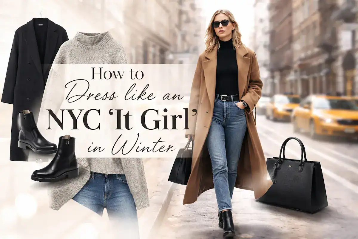 Minimalist NYC winter style inspiration featuring a mid-calf wool coat and black leather ankle boots.
