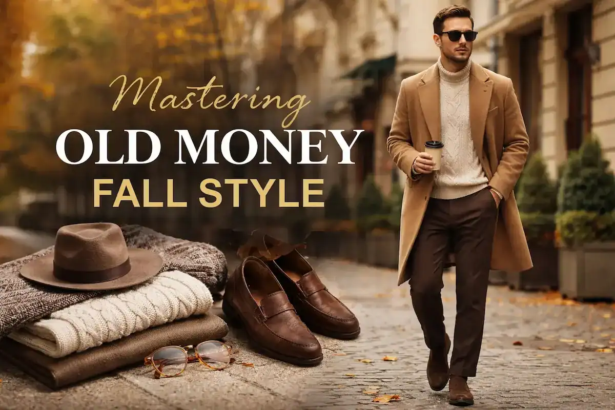 A man walking in Boston wearing a camel wool overcoat, cream cable knit turtleneck, and brown tailored trousers—classic old money fall style.