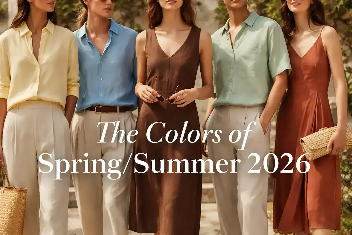 A group of models wearing the Spring/Summer 2026 color palette including butter yellow, pistachio green, and cocoa brown linen outfits.