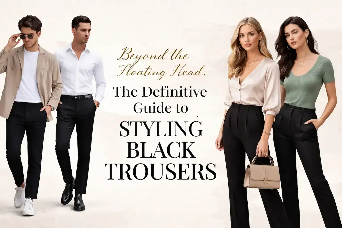 A collage showing modern ways to style black trousers for men and women, featuring white shirts, beige overshirts, and silk blouses.