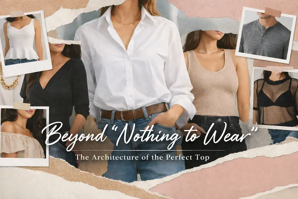 A collage of various clothing tops including a white button-down with a French tuck, a black wrap top, a peplum top, and a ribbed knit tank top, titled 'Beyond Nothing to Wear'.