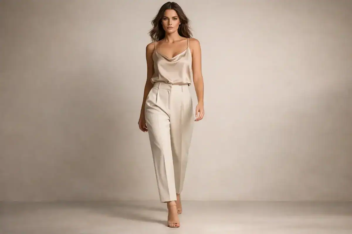 A woman walking forward wearing a champagne-colored silk camisole tucked into high-waisted beige tailored trousers with nude strappy heels, illustrating high-end runway styling logic