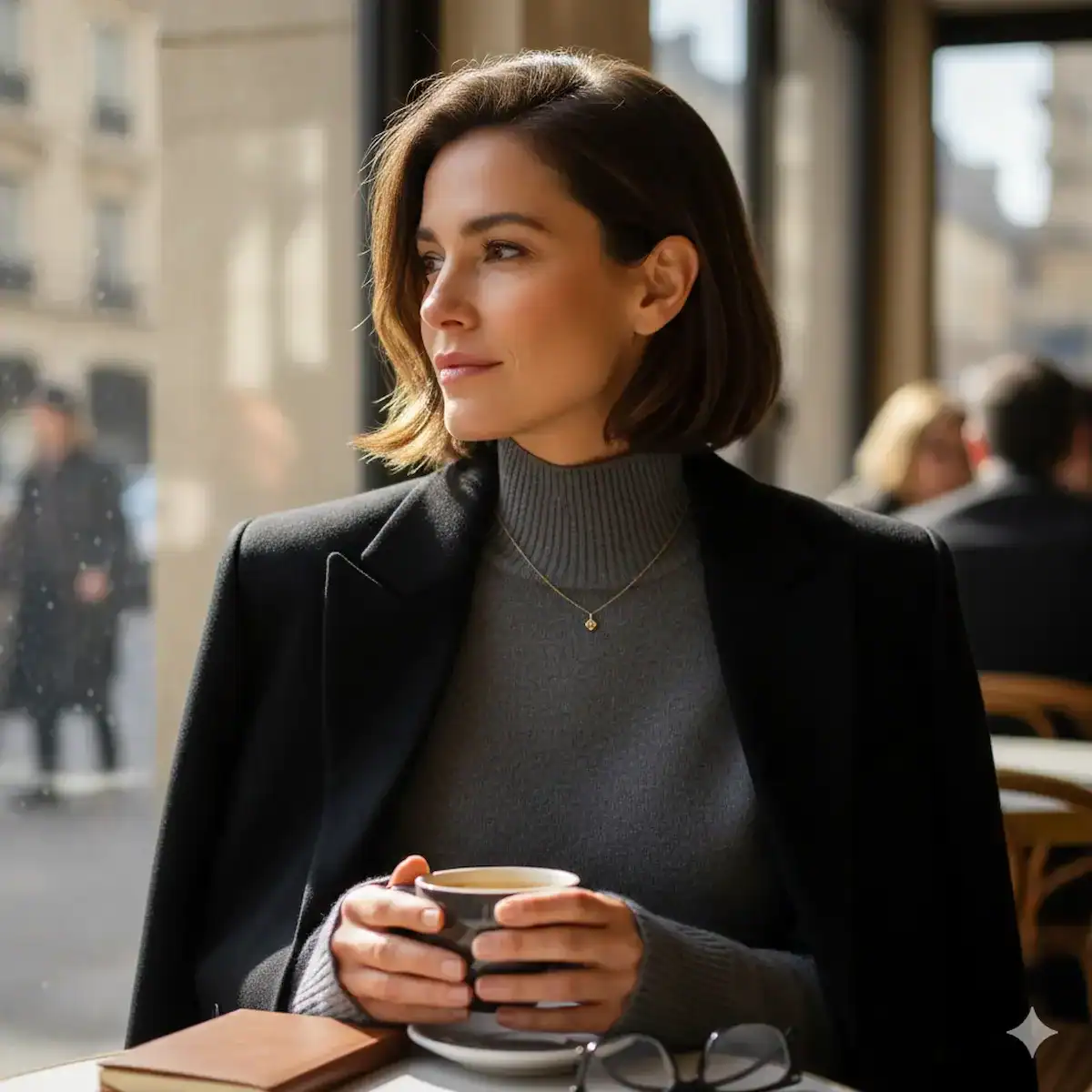 A collage showing different women’s sweater necklines including a crew neck under a blazer, a black turtleneck, a white boat neck, and a tan cowl neck.