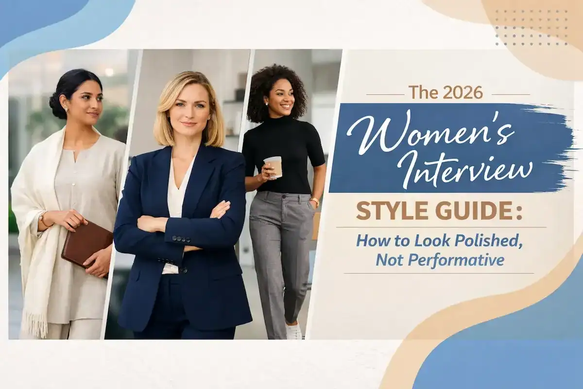 Three women showcasing professional interview styles for 2026, including a navy tailored blazer, a minimalist black turtleneck with grey trousers, and a traditional neutral-toned salwar suit.