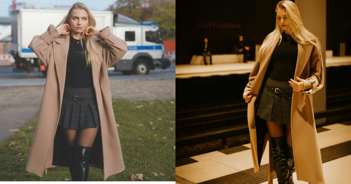 woman wearing stylish fall outfit with coat boots and layered clothing showing wearable fall fashion trends for 2026